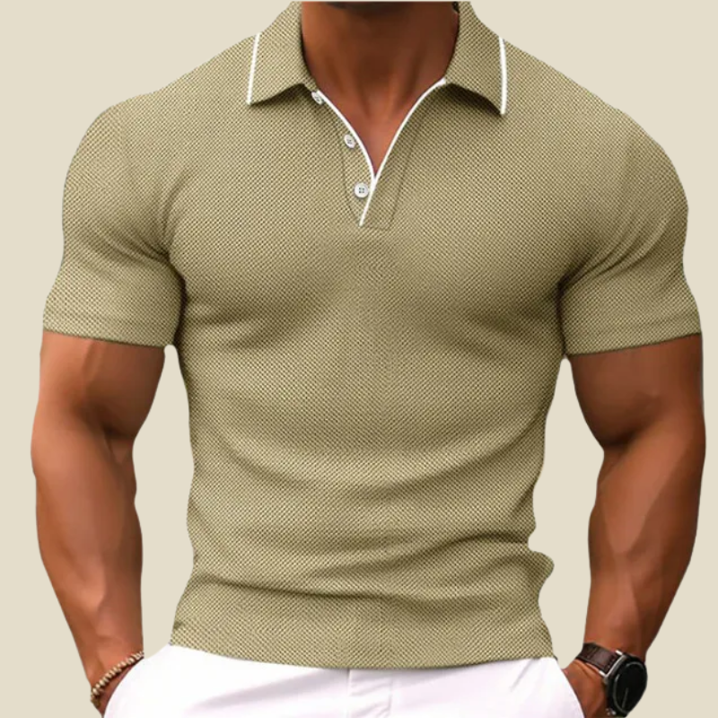 Olive textured short sleeve polo shirt with white trim and three-button placket