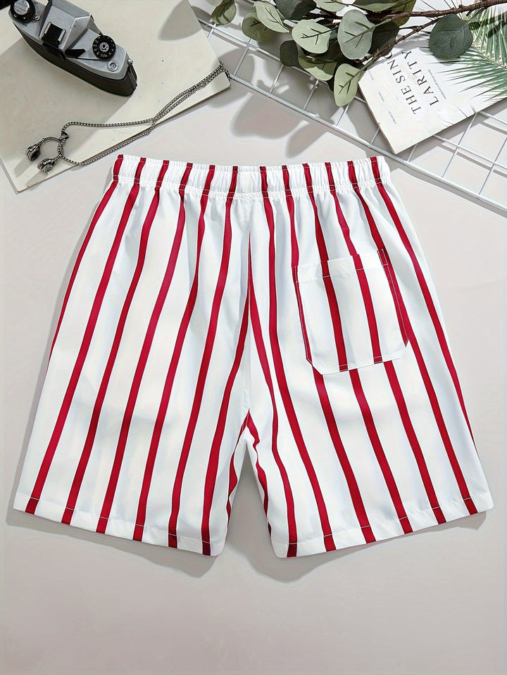 Back view of men's striped swim shorts in white and red with elastic waistband