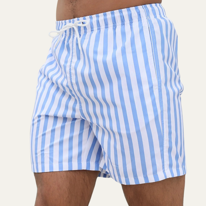 Side view of men's blue and white striped swim shorts with drawstring