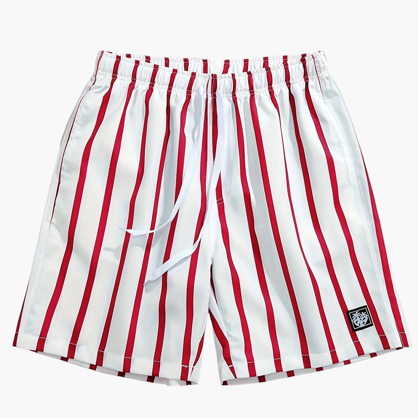 Men's white swim shorts with red vertical stripes, elastic waistband, and logo patch
