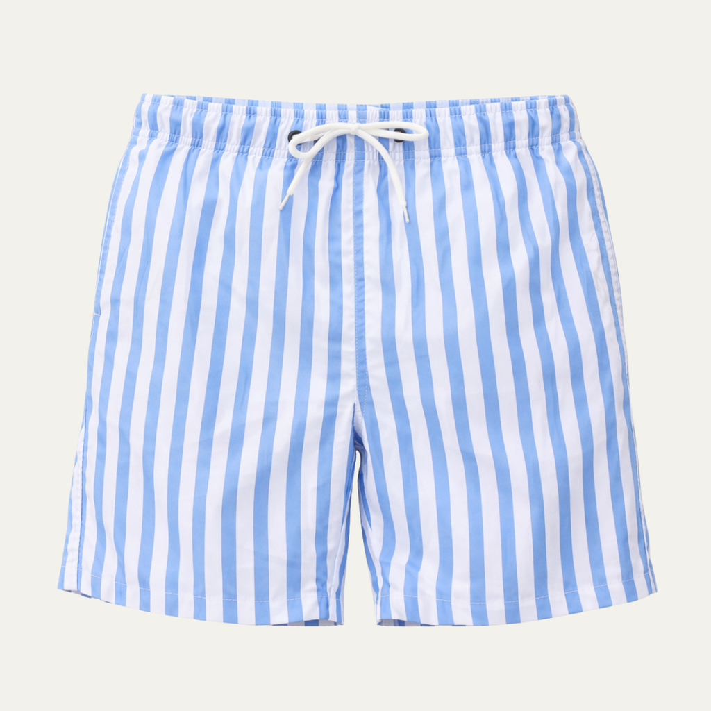 Blue and white striped swim shorts with drawstring waistband, front view