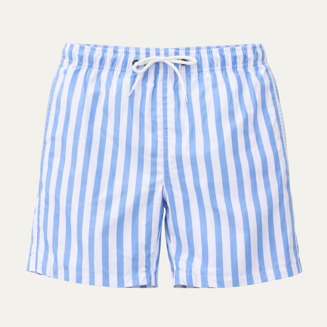Blue and white striped swim shorts with drawstring waistband, front view