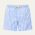 Blue and white striped swim shorts with drawstring waistband, front view