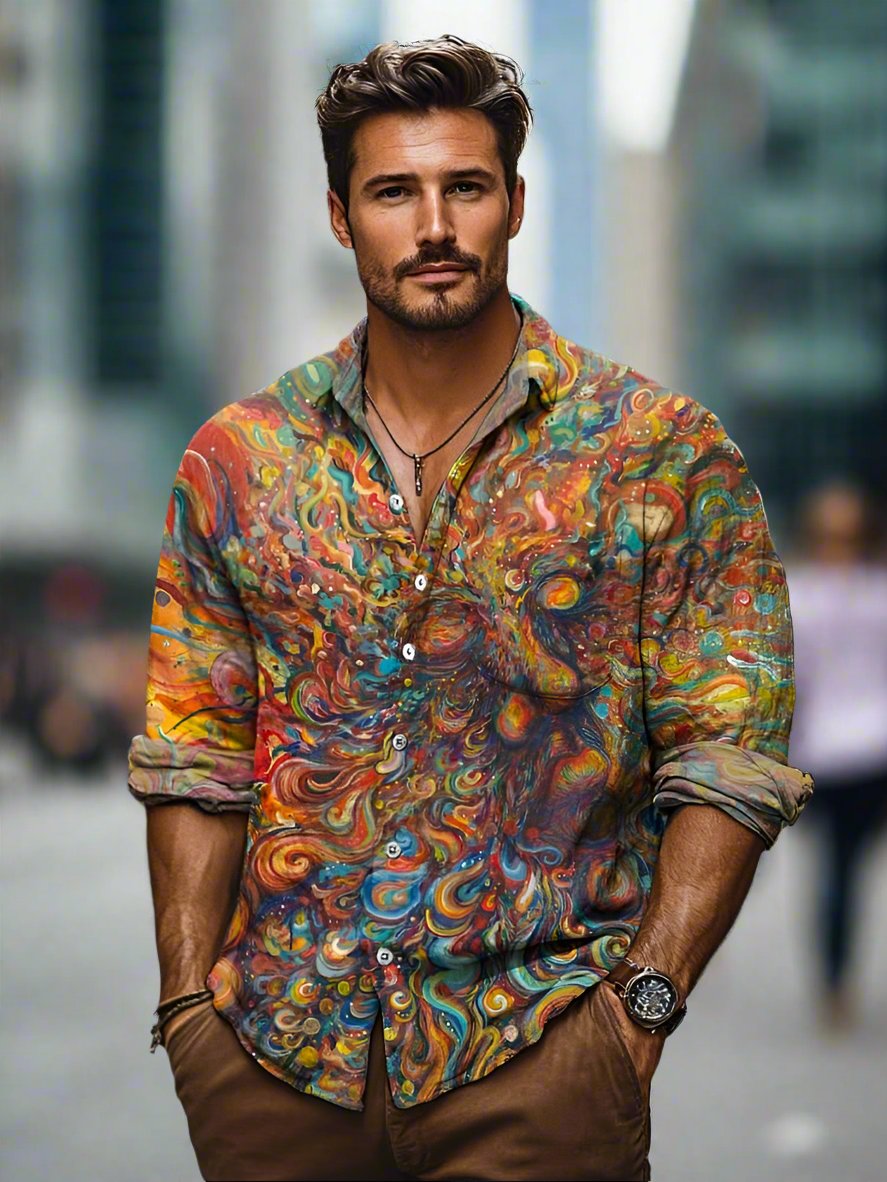 Men's long sleeve shirt with colorful abstract print, button front and rolled sleeves