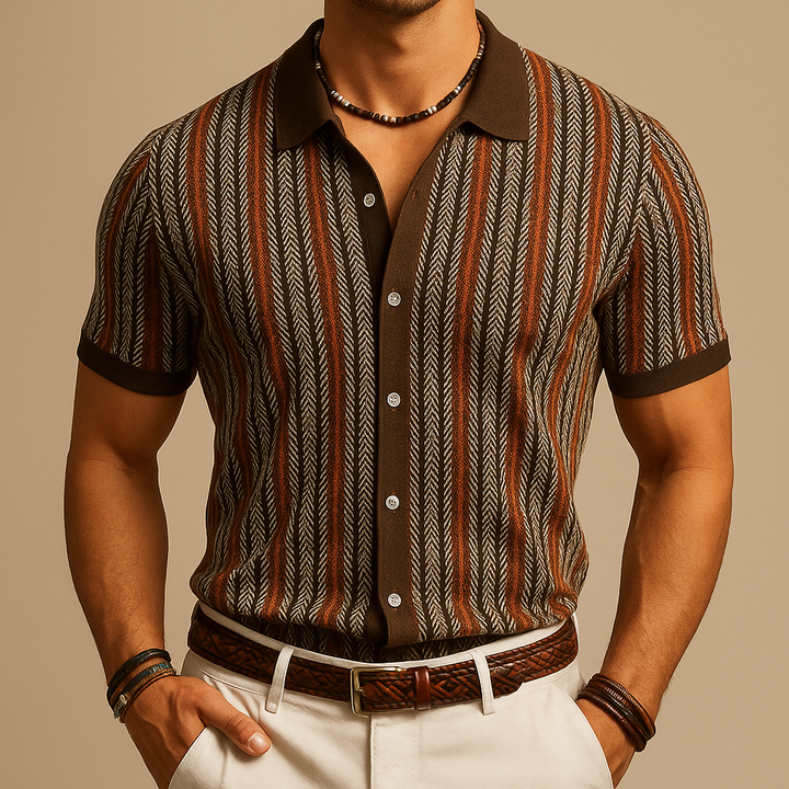 Brown herringbone summer shirt with short sleeves, button front, and striped knit texture