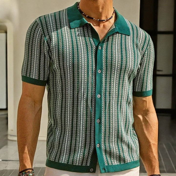 Green herringbone button down shirt for men with short sleeves and textured vertical stripes