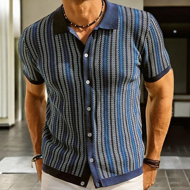 Dark blue herringbone men’s shirt with short sleeves, button closure, and striped pattern
