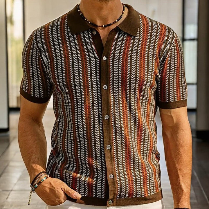 Rust brown herringbone button down shirt with short sleeves and vertical knit stripes