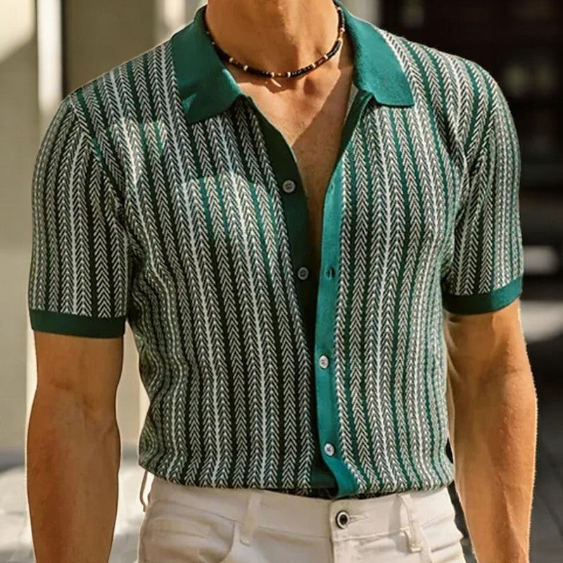 Teal herringbone summer shirt with short sleeves, button front, and textured stripe design