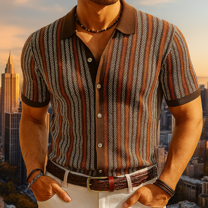 Brown herringbone men’s summer button down shirt with short sleeves against city skyline