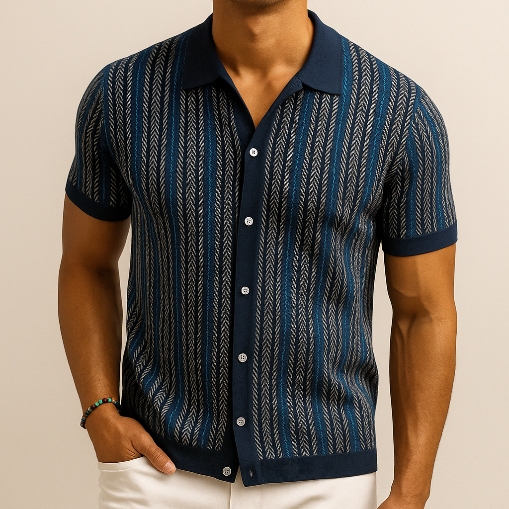 Navy herringbone button down shirt with short sleeves and vertical stripe pattern