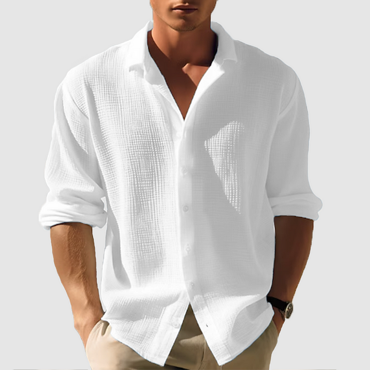 White men's summer button down shirt with long sleeves and relaxed fit