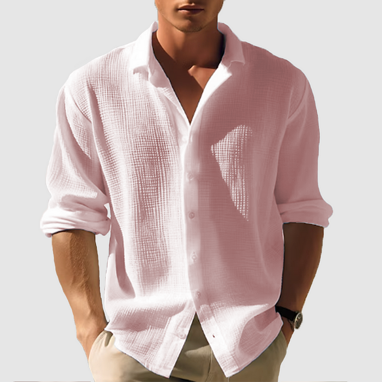 Pale pink men's summer button down shirt with long sleeves and casual style