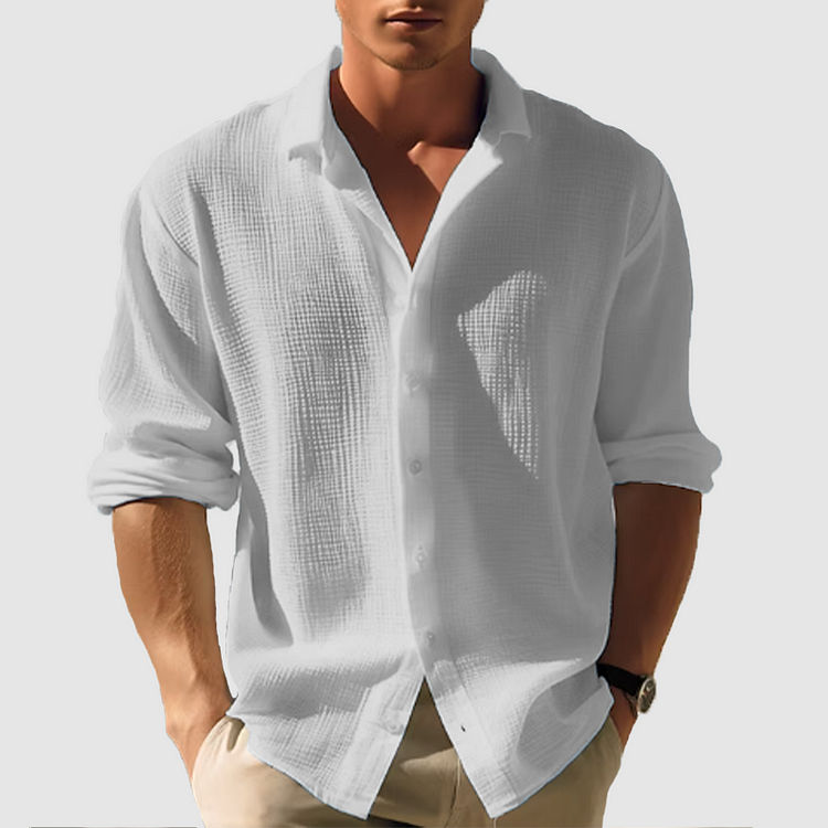 White men's summer button down shirt with long sleeves shown in a front view