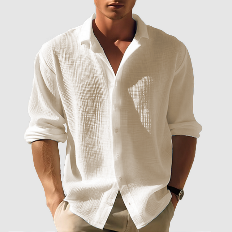 Cream men's summer button down shirt with long sleeves and lightweight woven look