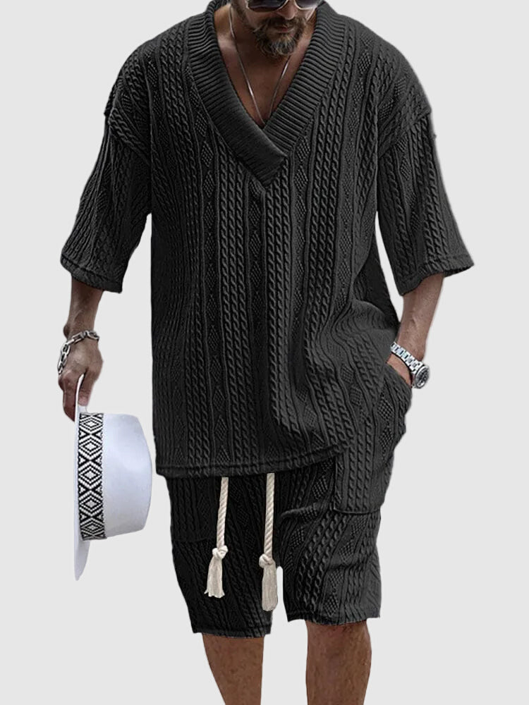 Black cable knit V neck shorts set with matching drawstring shorts and pockets