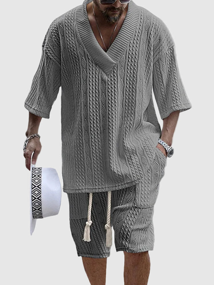 Light gray cable knit V neck shorts set with textured knit top and shorts