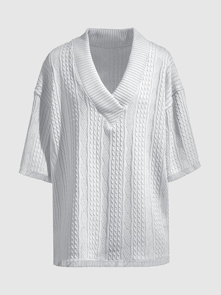 White cable knit V neck short sleeve shirt with textured vertical stripe pattern