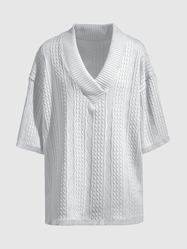White cable knit V neck short sleeve shirt with textured vertical stripe pattern