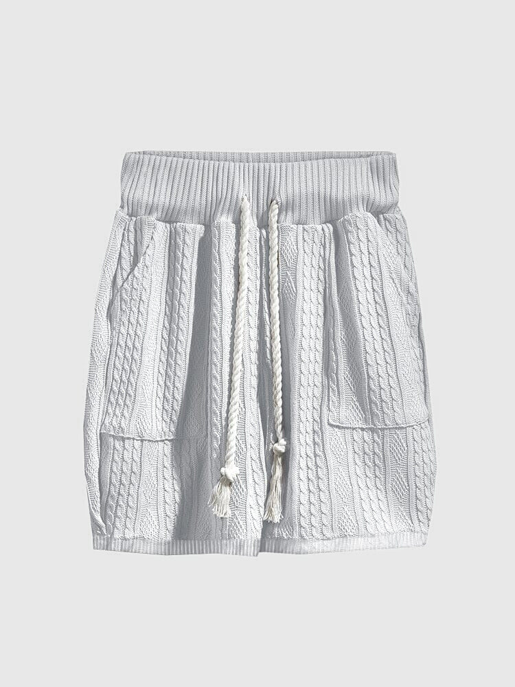 White cable knit drawstring shorts with front pockets and textured knit finish