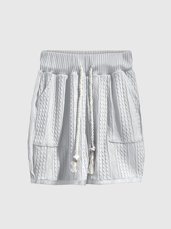 White cable knit drawstring shorts with front pockets and textured knit finish