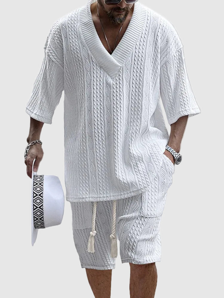 White cable knit V neck shorts set with half sleeve top and drawstring shorts