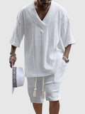 White cable knit V neck shorts set with half sleeve top and drawstring shorts
