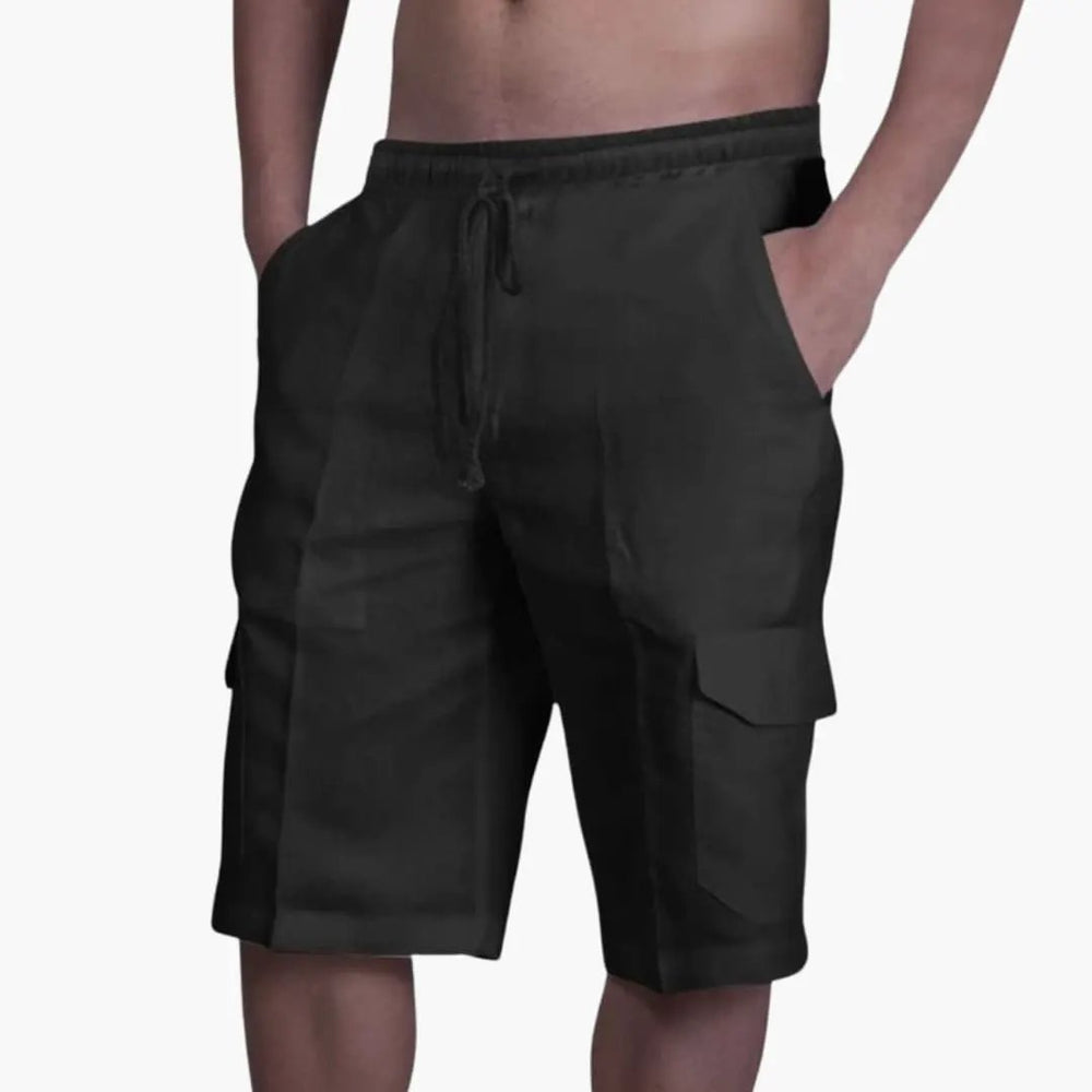 Black men's summer cargo shorts with drawstring and flap pockets