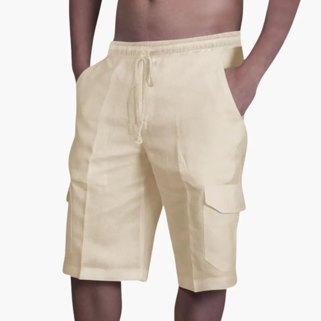 Beige men's summer cargo shorts with drawstring waist and pocket flaps