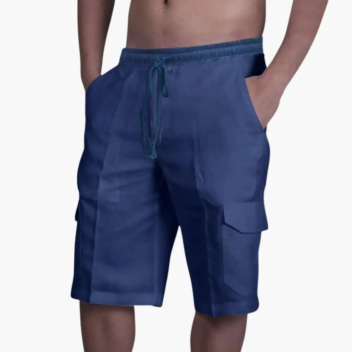 Navy blue men's cargo shorts with drawstring and roomy side pockets