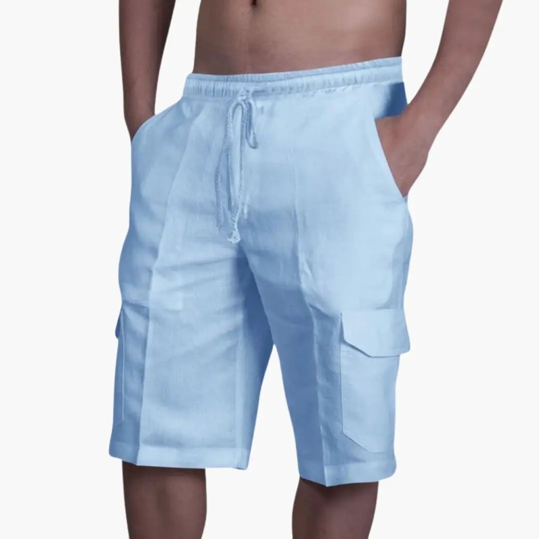 Light blue men's summer cargo shorts with drawstring and flap pockets