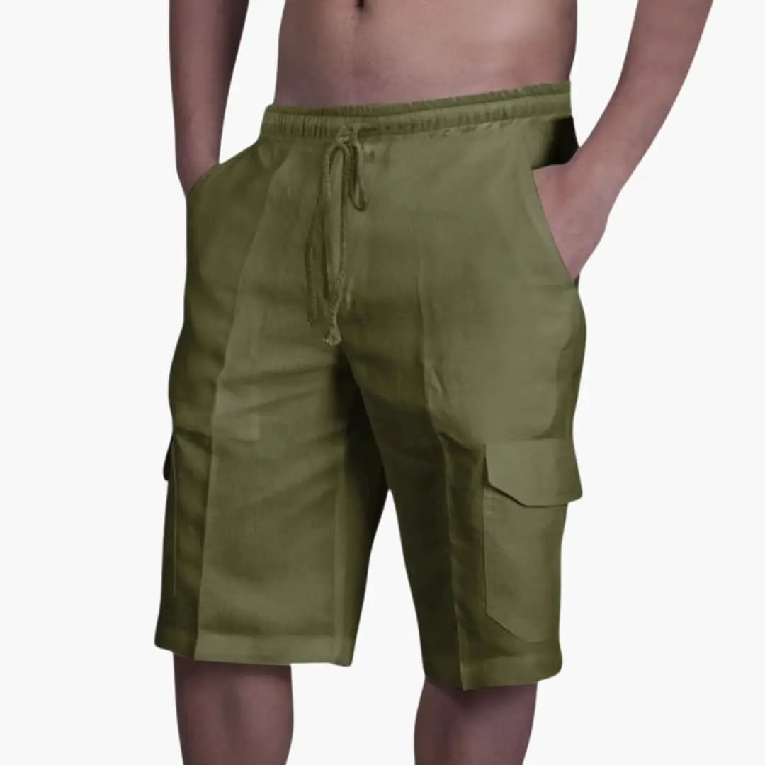 Olive green men's cargo shorts with drawstring waist and side pockets