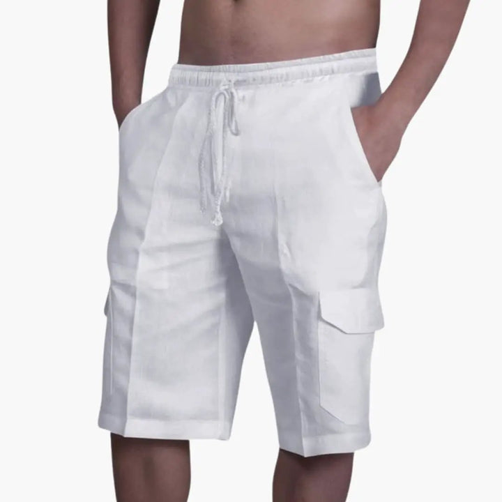 White men's summer cargo shorts with drawstring waist and side pockets