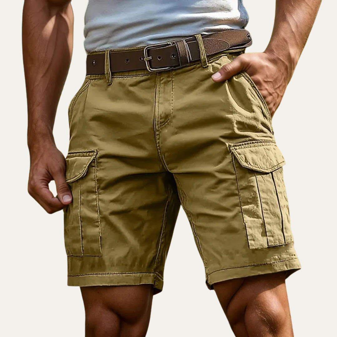 Khaki men's summer cargo shorts with pockets and rolled hem on model
