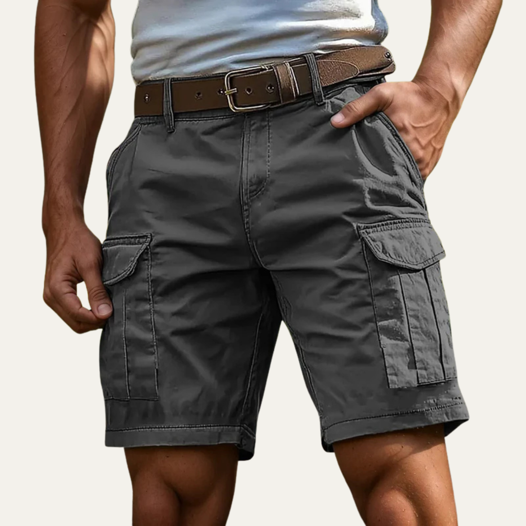 Gray men's cargo shorts with flap pockets, belt loops, and casual summer style