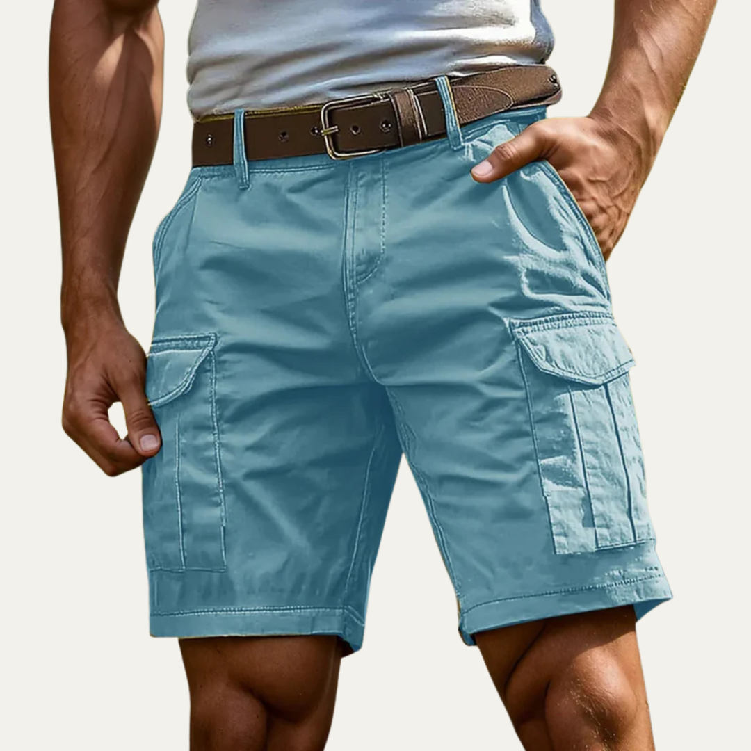 Light blue men's cargo shorts with flap pockets and breathable summer look