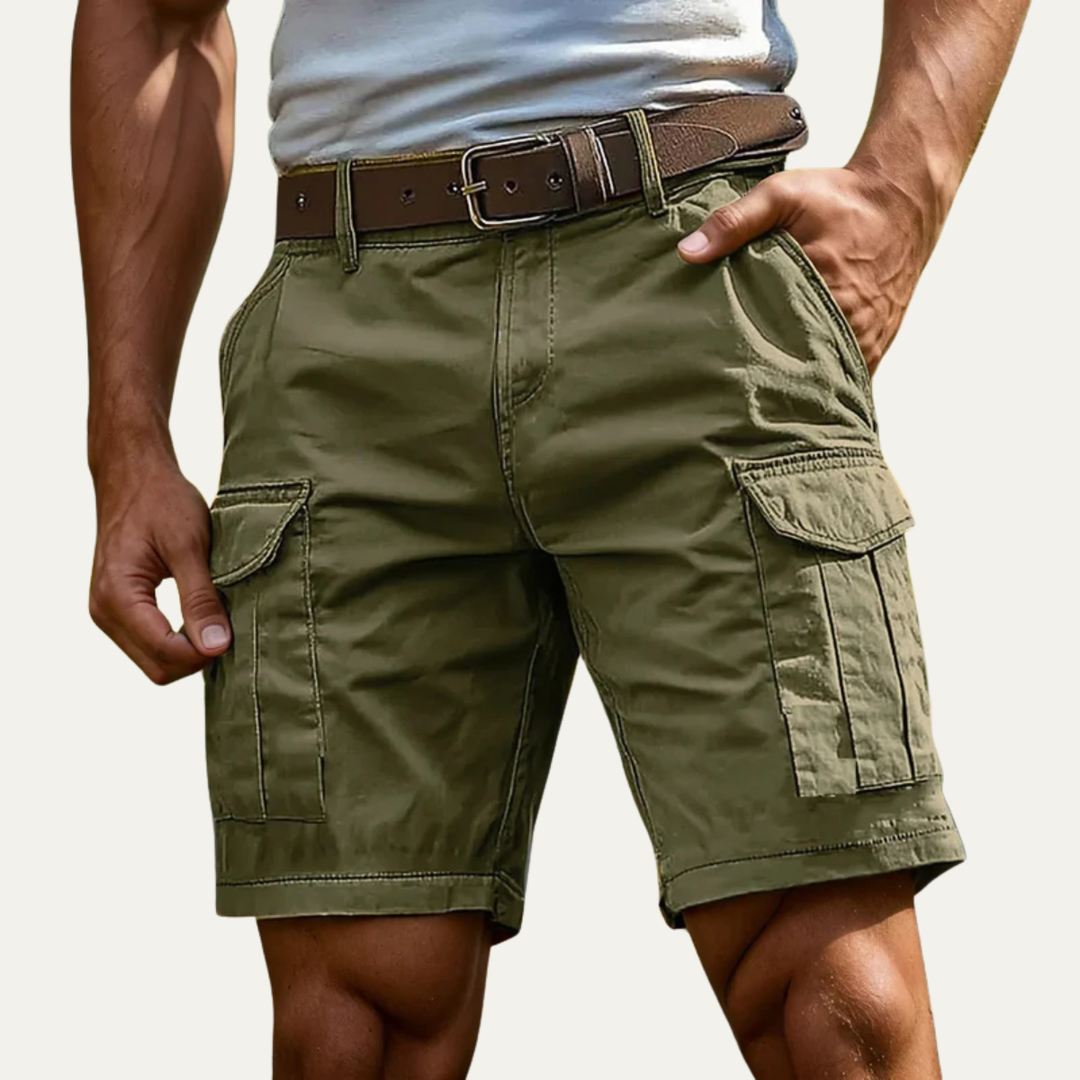 Olive green cargo shorts with large side pockets and durable casual design