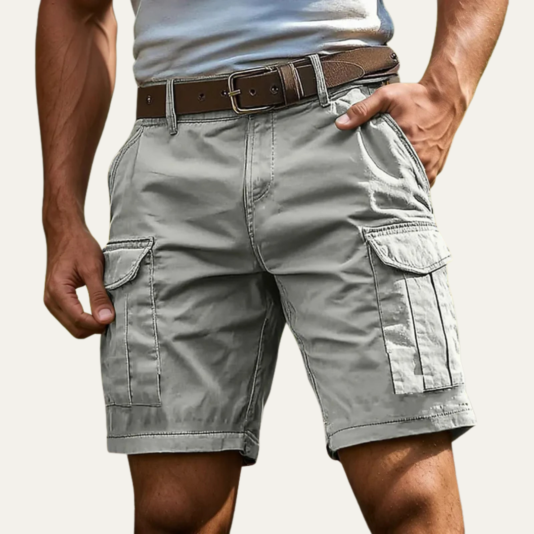 Light gray men's cargo shorts with front pockets and relaxed summer fit