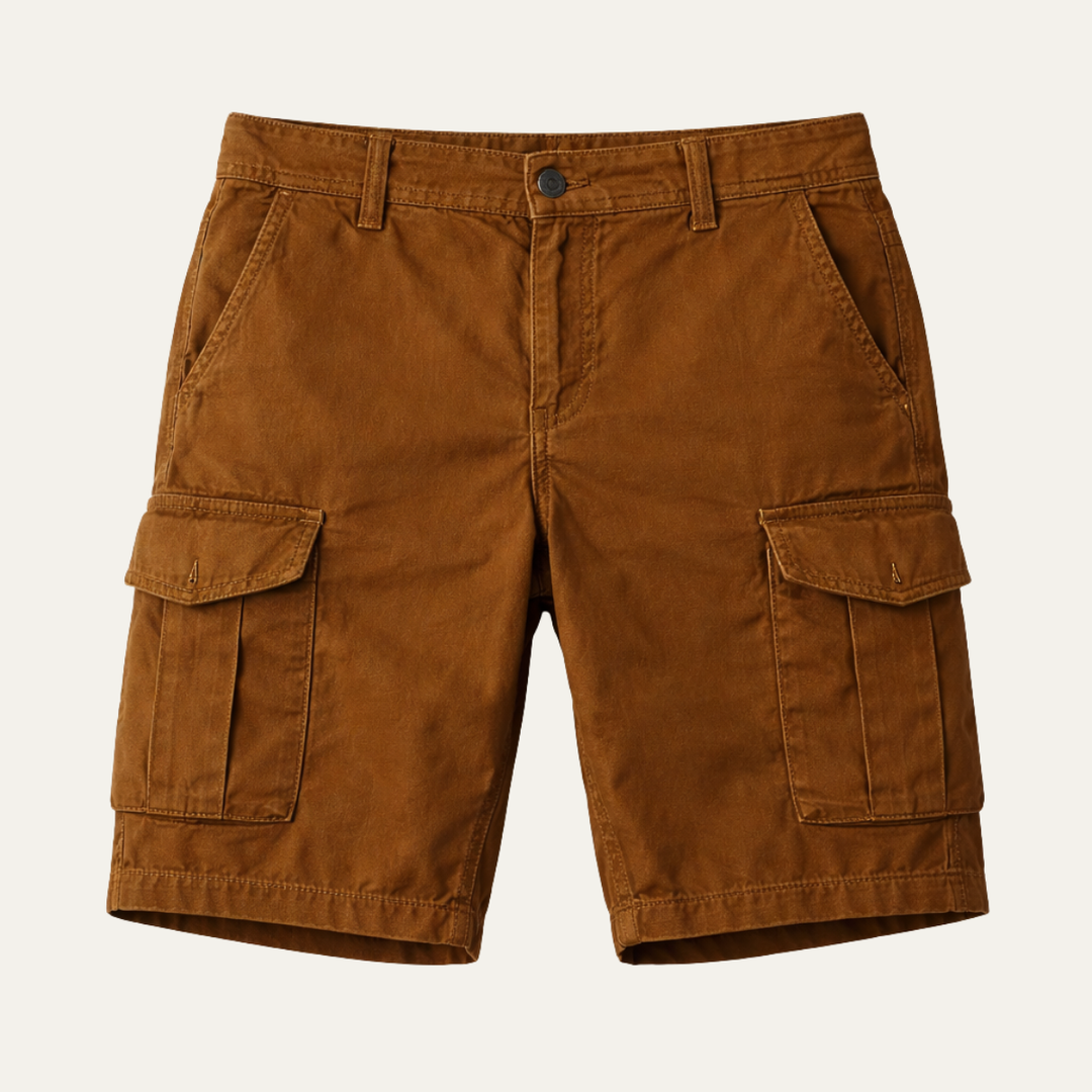 Brown men's cargo shorts with flap pockets and sturdy cotton twill for summer wear