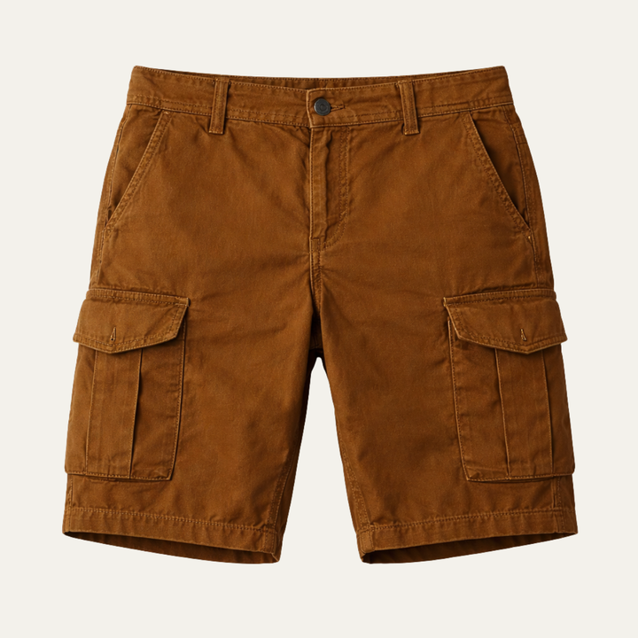 Brown men's cargo shorts with flap pockets and sturdy cotton twill for summer wear