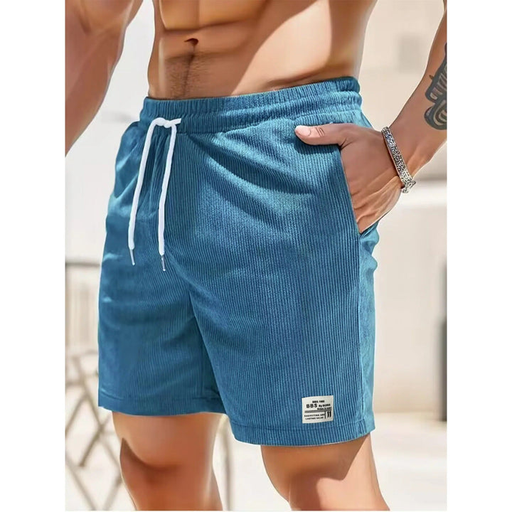 Blue ribbed men's summer casual shorts with pockets, white drawstring and relaxed fit