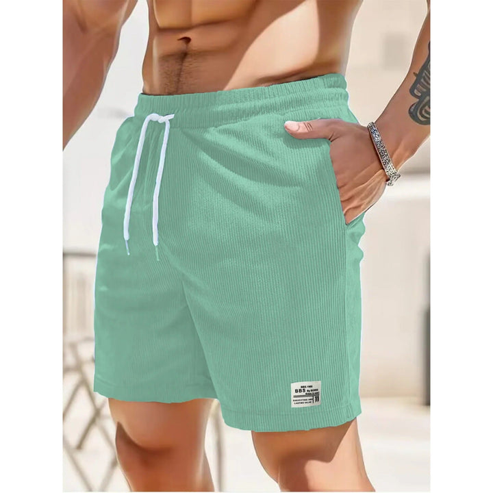 Mint green ribbed men's summer casual shorts with pockets and white drawstring waistband