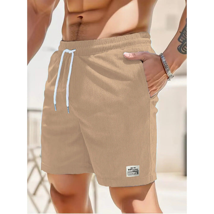 Beige ribbed men's summer casual shorts with pockets, white drawstring and straight leg cut