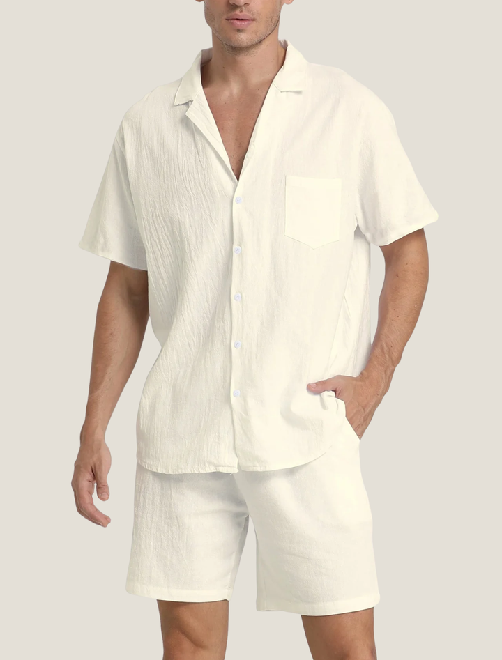Cream short sleeve shirt and shorts set with open collar, button front, and chest pocket