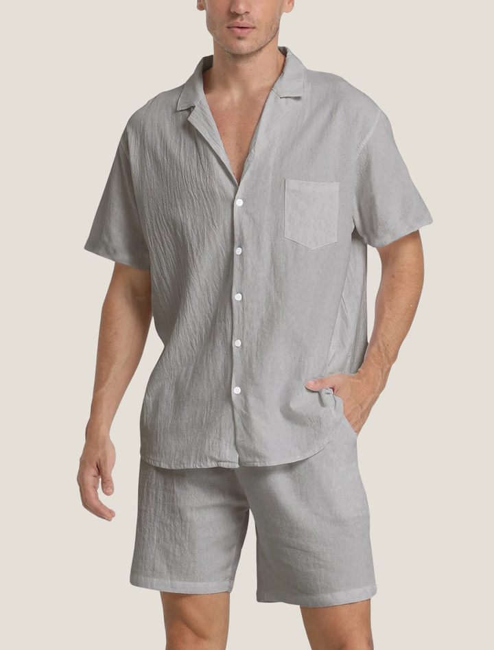 Light gray short sleeve shirt and shorts set with open collar and chest pocket, summer casual set