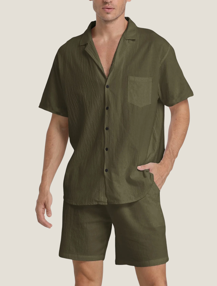 Olive green short sleeve shirt and shorts set with button front and chest pocket for warm weather