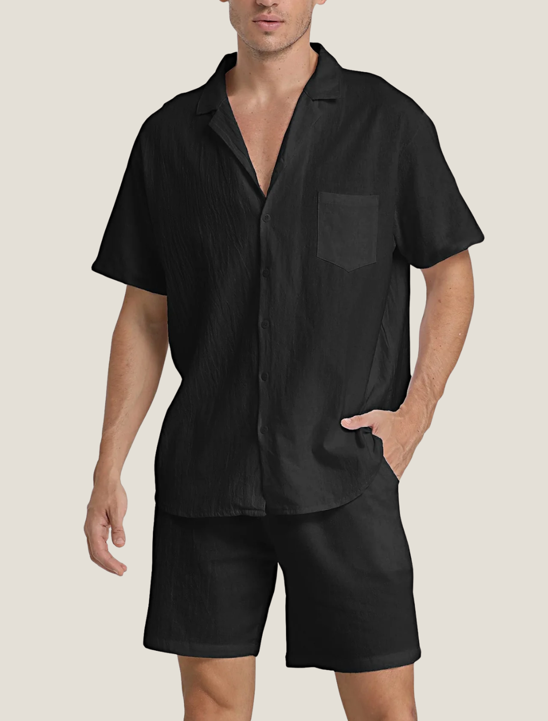 Black short sleeve shirt and shorts set with open collar and chest pocket, casual summer outfit