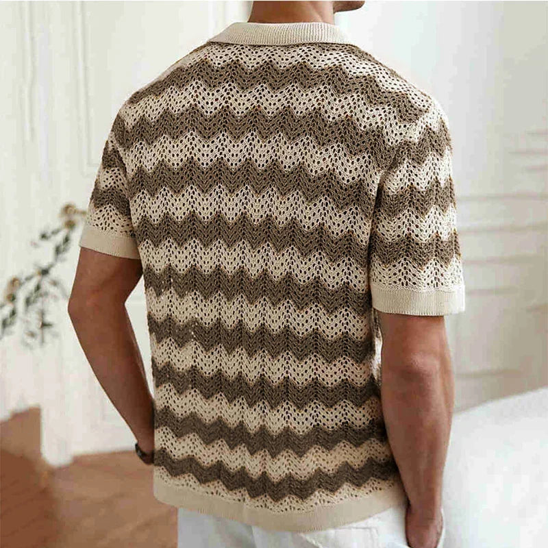 Back view of beige and brown crochet knit short sleeve button shirt, textured summer shirt