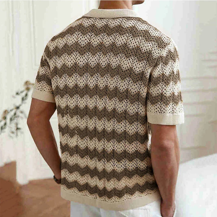 Back view of beige and brown crochet knit short sleeve button shirt, textured summer shirt