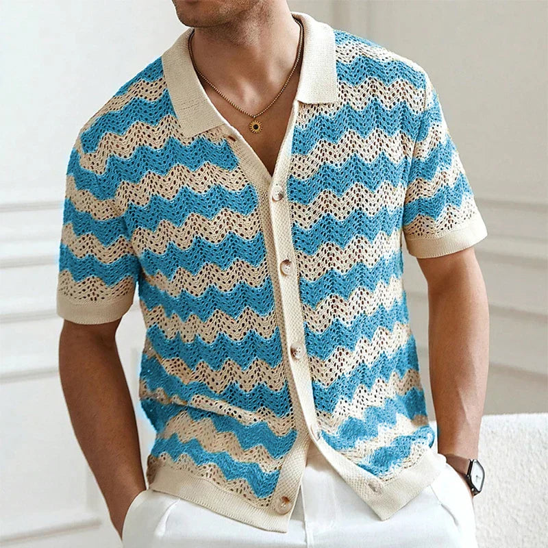 Blue and beige crochet knit short sleeve button shirt with zigzag pattern, men's summer shirt